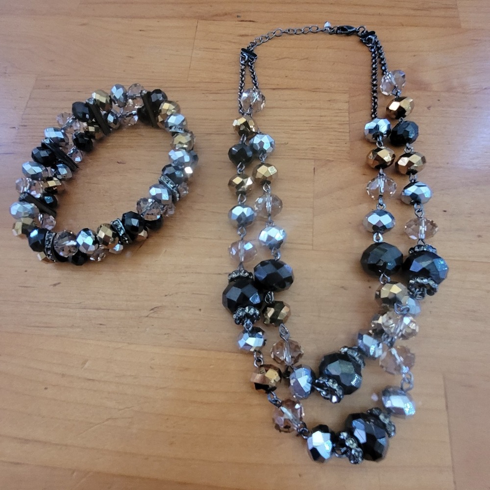 Faceted Crystal Bead Necklace Bracelet Set Black Smoky Champagne